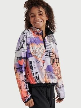 Justice Pink Orange & Purple Graffiti Print Quarter-Zip Sweatshirt – Size XL GUC